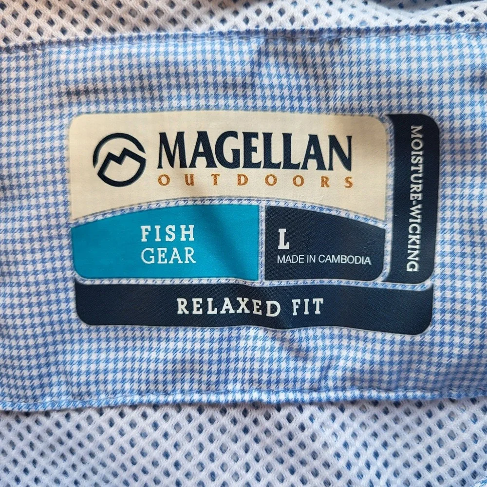 Magellan Outdoors Fish Gear Men Large Blue Micro Check Fishing Shirt Relaxed Fit